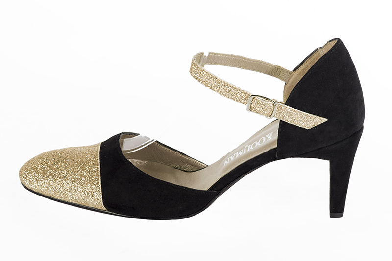 Gold and matt black women's open side shoes, with an instep strap. Round toe. Medium comma heels. Profile view - Florence KOOIJMAN